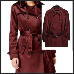 NEW! SAM EDELMAN Embellished Collar Satin Sheen Double Breasted Trench Coat Med.
